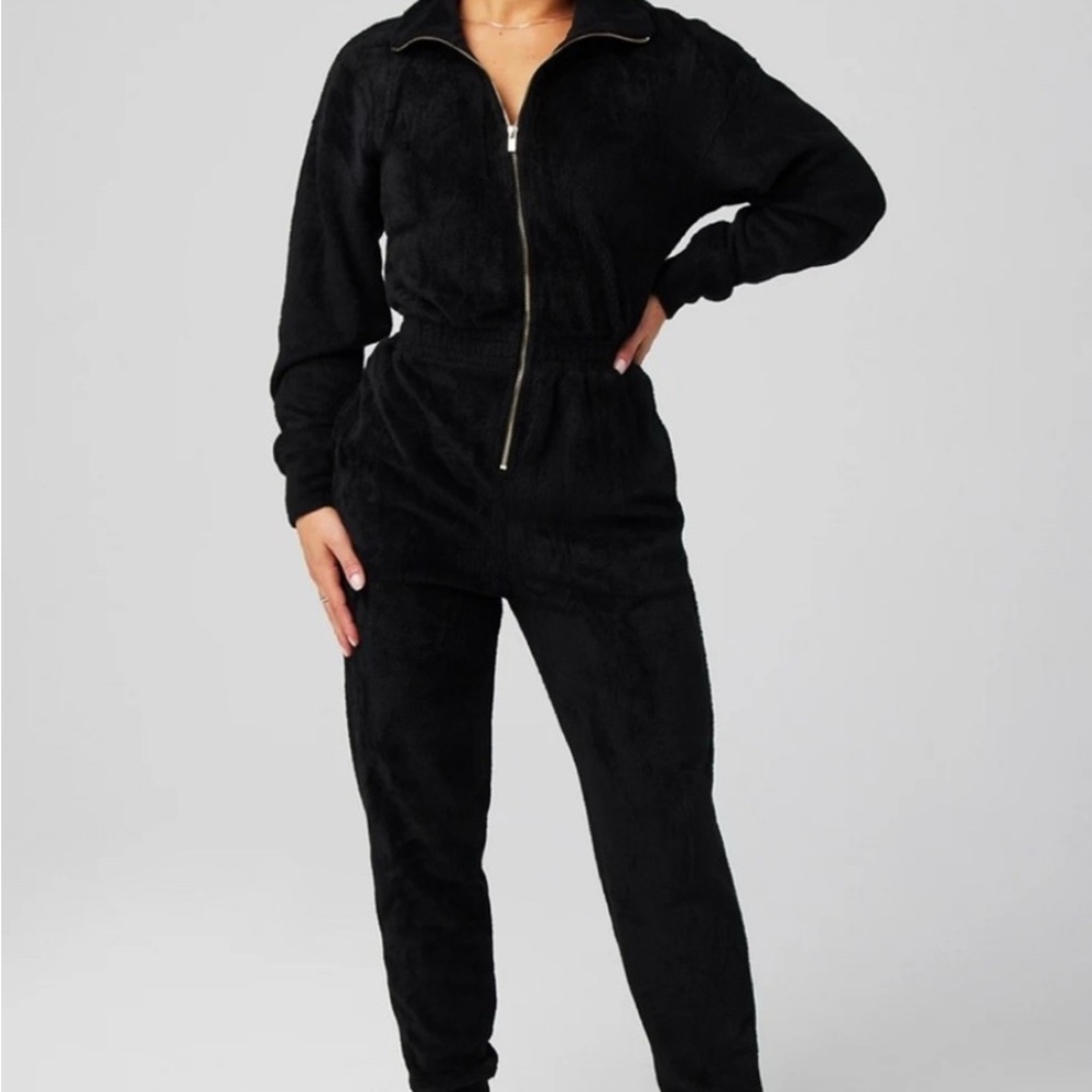Fabletics Black Fleece Jumpsuit with Gold Zippers